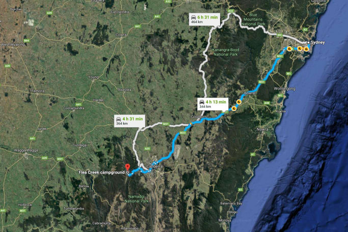 It’s about 195km to Goulburn, then a further 92km to Canberra and then a 58km run to Brindabella NP.