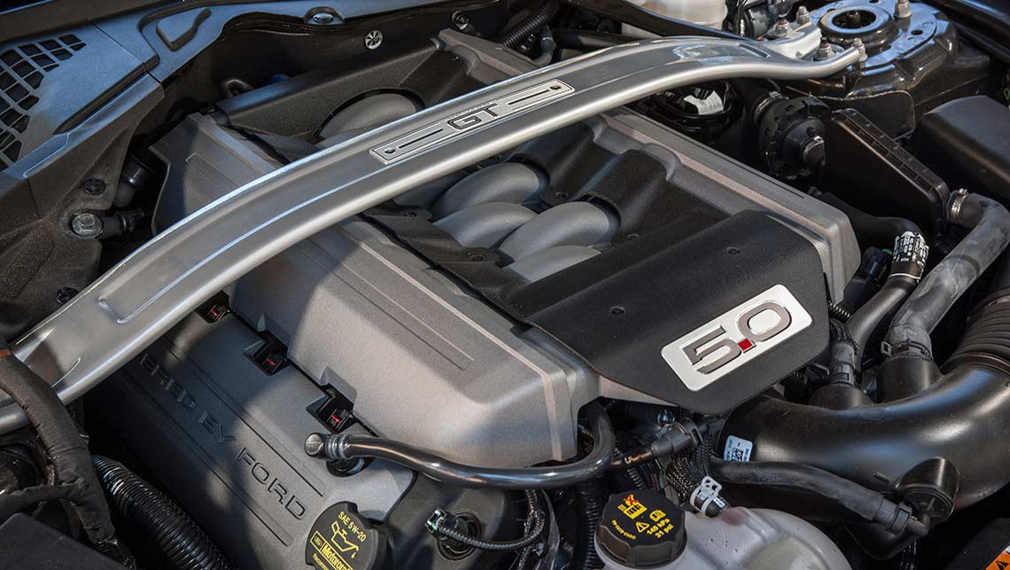 The 2015 Ford Mustang GT's 5.0-litre V8 engine.