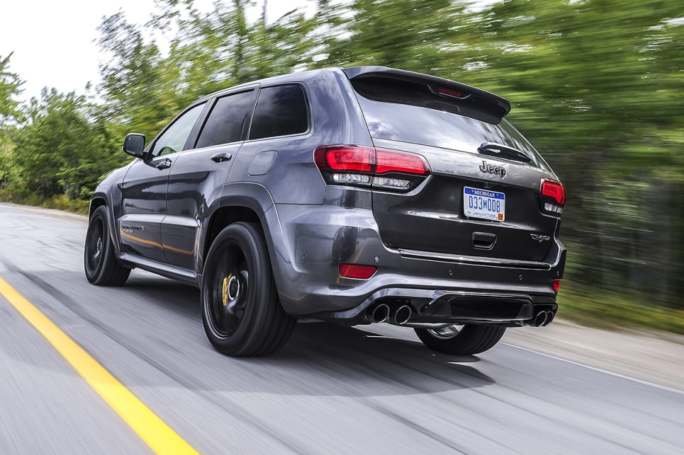 The Trackhawk's visual differences to an MY15 Grand Cherokee are the yellow Brembo calipers and the unique black chrome quad exhaust pipe.