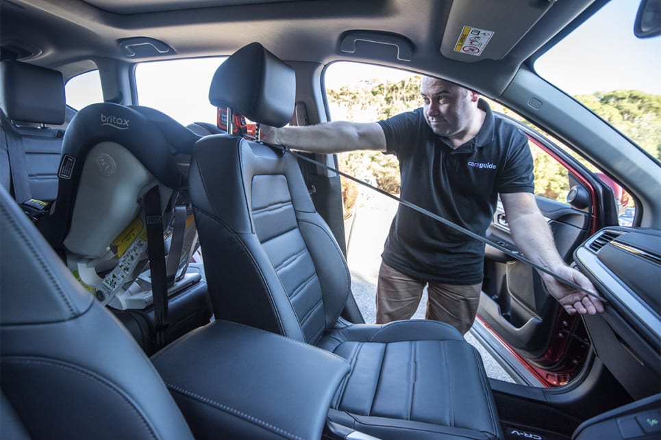 Despite being similar in overall size, there was a full 10cm of space between the space allowed for an adult in the CR-V (best) and Mazda CX-5 (worst) with a child seat fitted behind.  (image credit: Dean Johnson)
