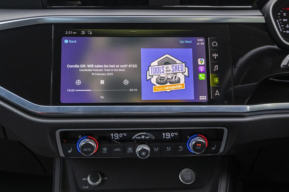 The Q3's 10.1-inch multimedia system is touch screen which works better with Apple CarPlay and Android Auto.