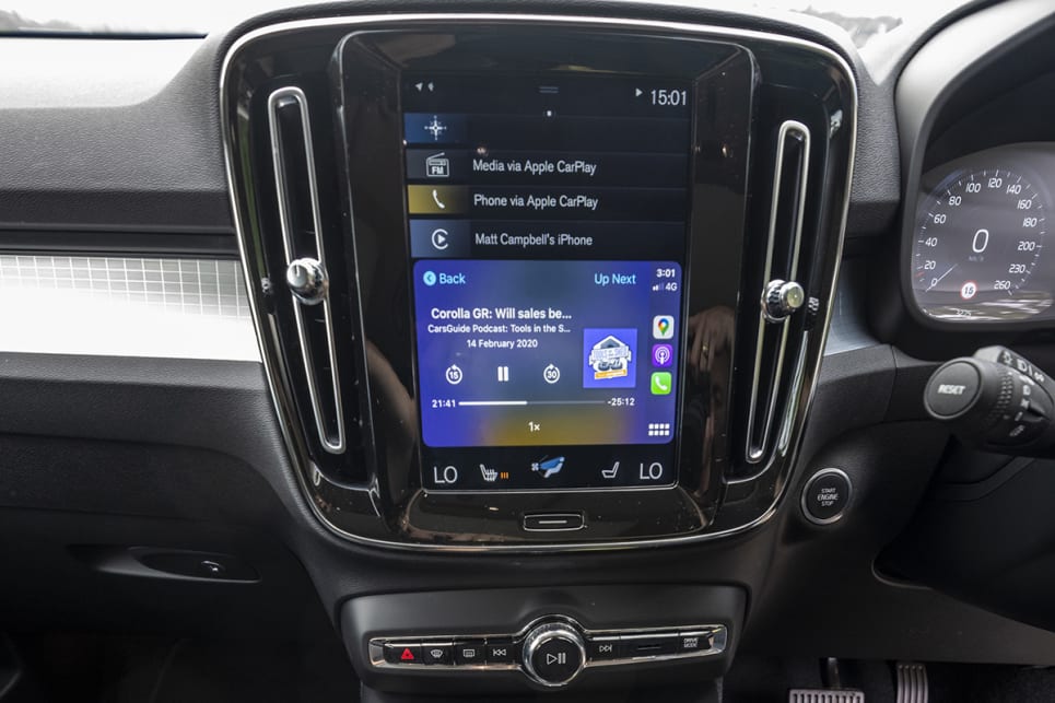 The Volvo has a 9.0-inch vertical touch screen with Apple CarPlay and Android Auto.