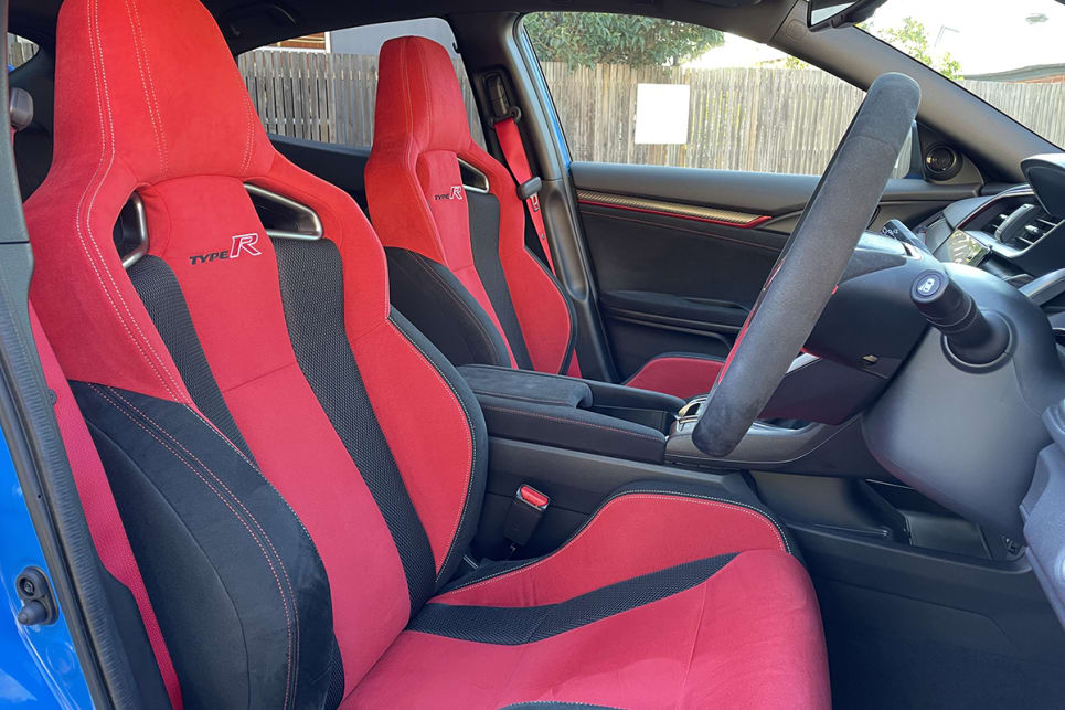The Type R has red/black Alcantara upholstery covering the body-hugging front sports seats.