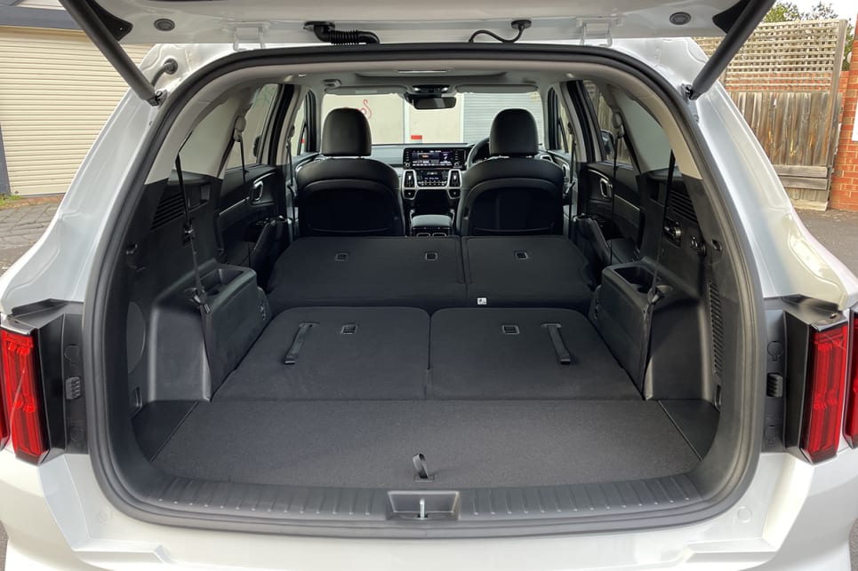 The cargo capacity of the Sorento’s boot with the third row folded flat is 616 litres.