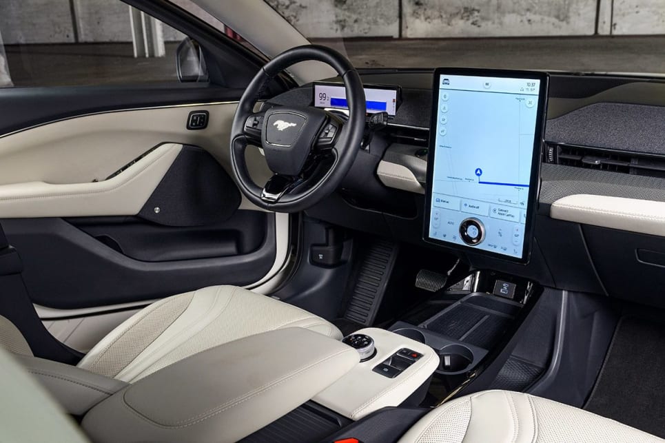 The Mach-E takes a more minimalist approach, with only two digital screens across the cabin.