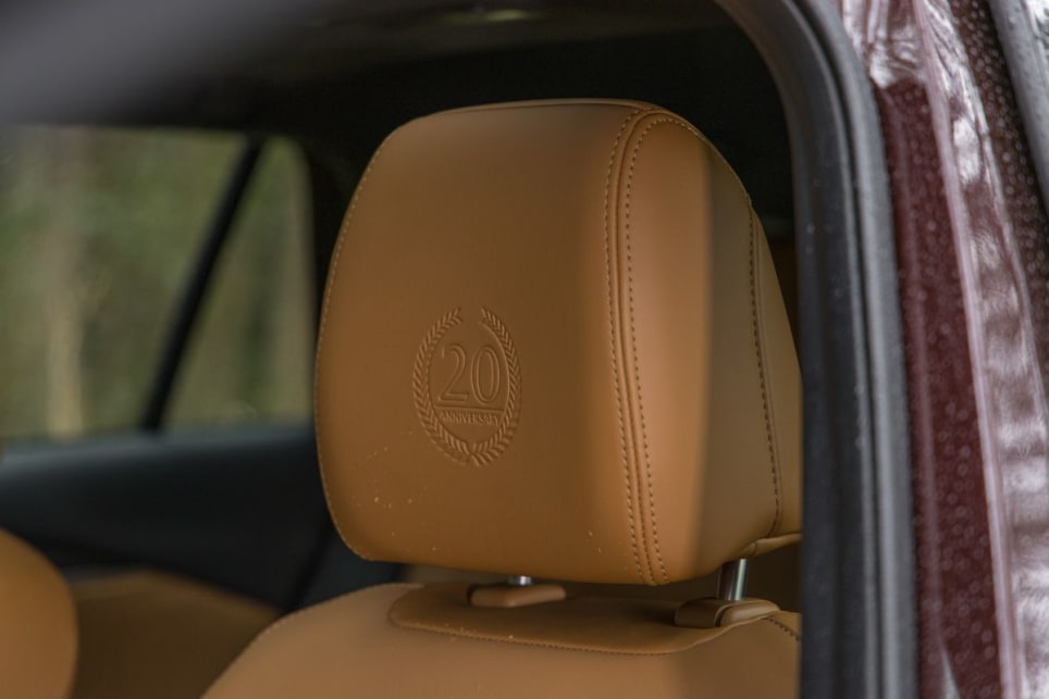 It also features synthetic suede trims and special embossing on the front headrests.