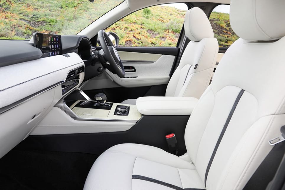 The CX-60's front seats are comfortable and highly adjustable too. (Azami variant with Takumi package shown)