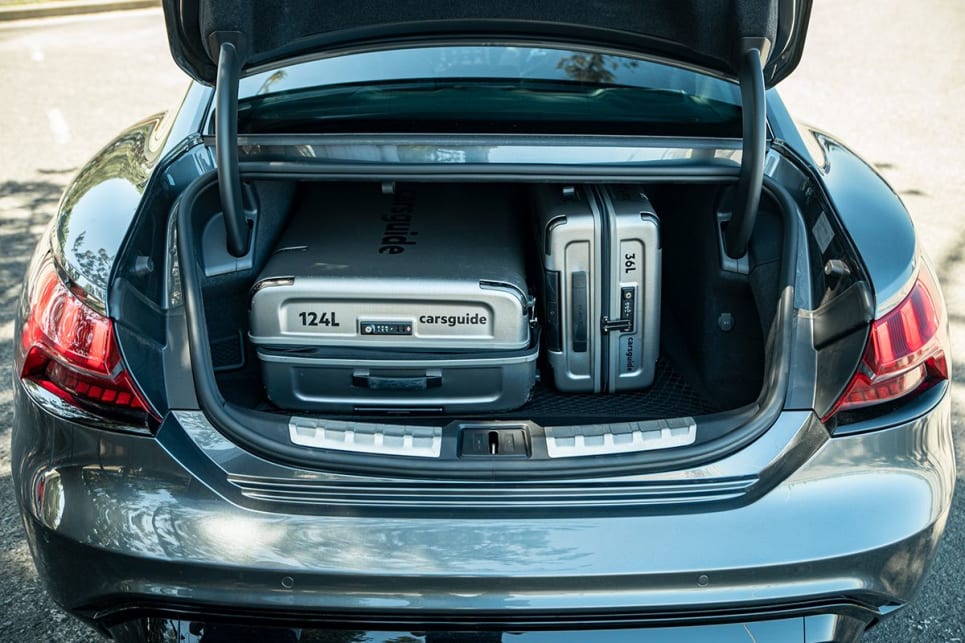 The e-tron GT could only hold two of our three CarsGuide test luggage cases. (Image: Tom White)