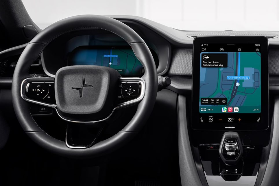 Upfront of the Polestar 2 is an 11.2-inch portrait centre screen that controls your nav. 