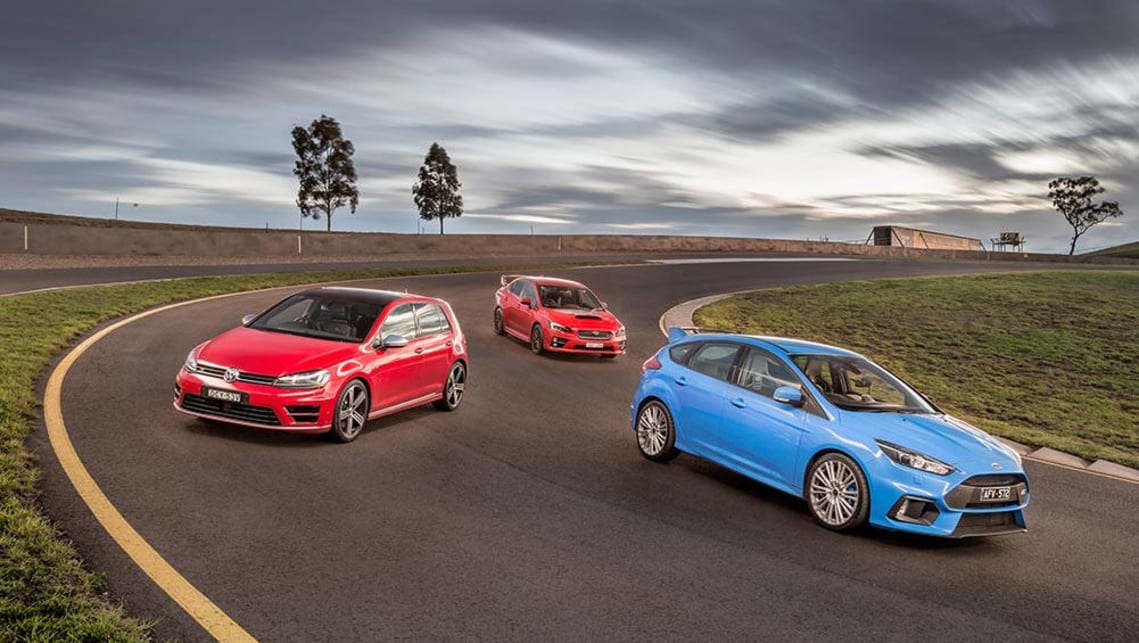 2016 Volkswagen Golf R, Ford Focus RS and Subaru WRX STI. Picture credit: Thomas Wielecki.