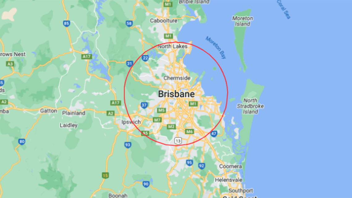 If you’re in Brisbane a 30KM radius from the CBD includes Deception Bay in the north and out to Ipswich in the west.
