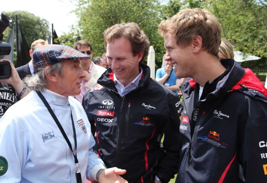 Formula One guns Sir Stirling Moss sharing a laugh with Sebastian Vettel and Alain Prost.