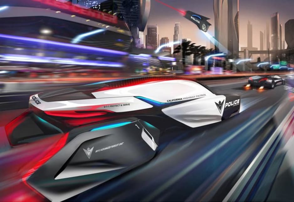This futuristic police car is designed for Los Angeles in 2025 by the BMW Group DesignworksUSA team.
