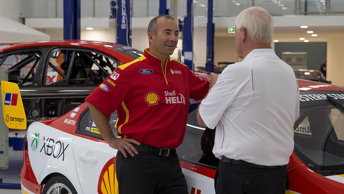 Marcus Ambrose and Dick Johnson with the Shell-sponsored FG X Ford Falcon V8 Supercar.