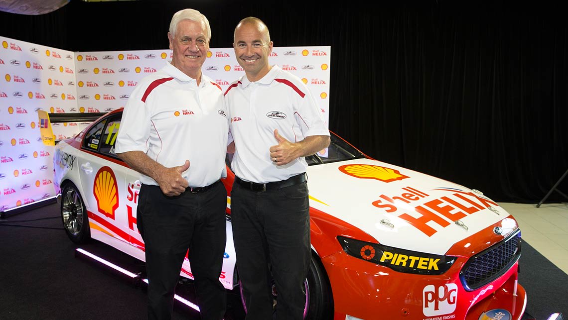Marcus Ambrose and Dick Johnson with the Shell-sponsored FG X Ford Falcon V8 Supercar.