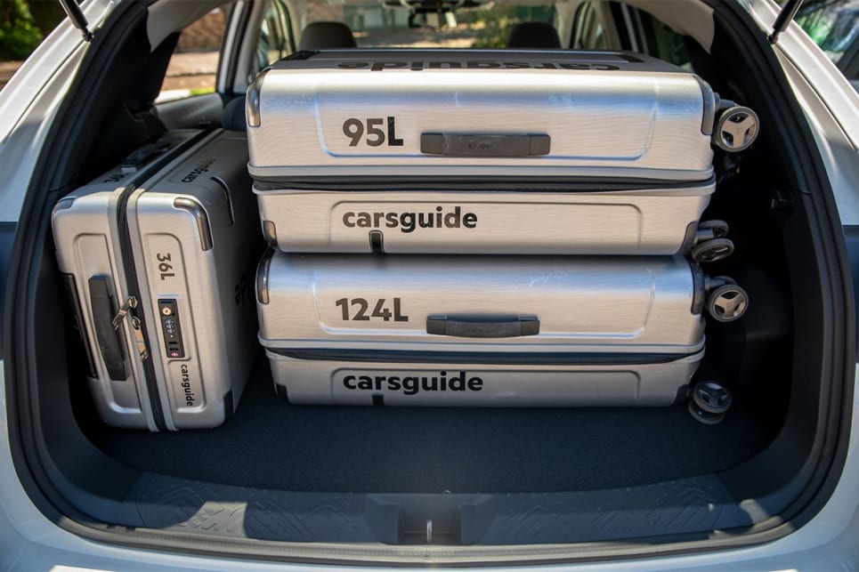 I was surprised to find we could fit the full three-piece CarsGuide luggage set once it was removed, so long as you’re okay not being able to see out the rear window. (Image: Tom White)
