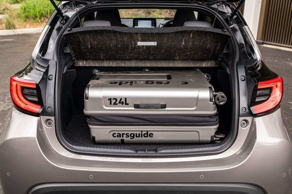 Just big enough for our largest CarsGuide demo case but not the other two in the set, which is actually only 124 litres once you include the thickness of the case itself and the wheels. (image: Tom White)