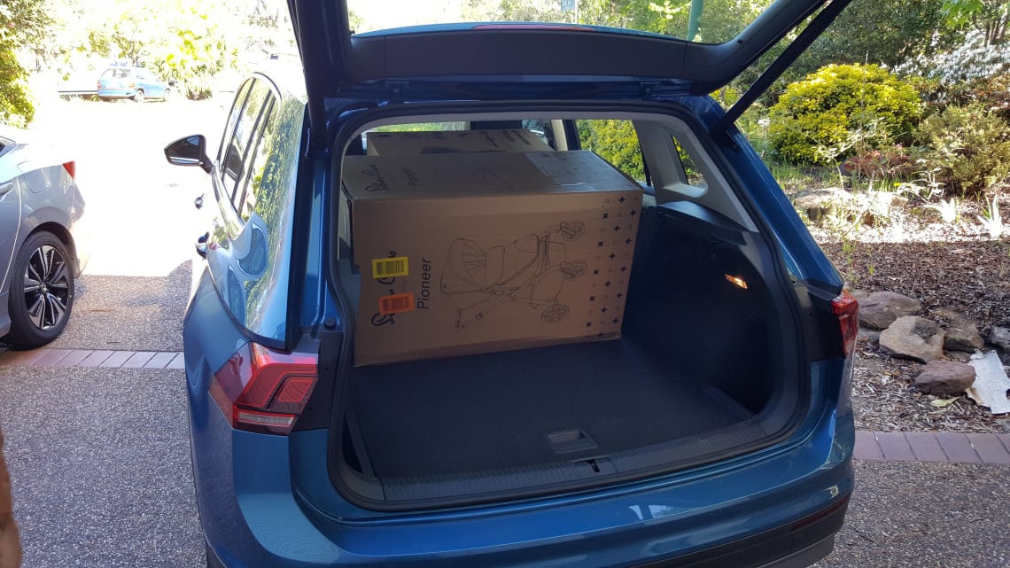 The boot expands from 615-1655 litres with the seats folded. More than enough for the run with baby seat and stroller boxes on board.  