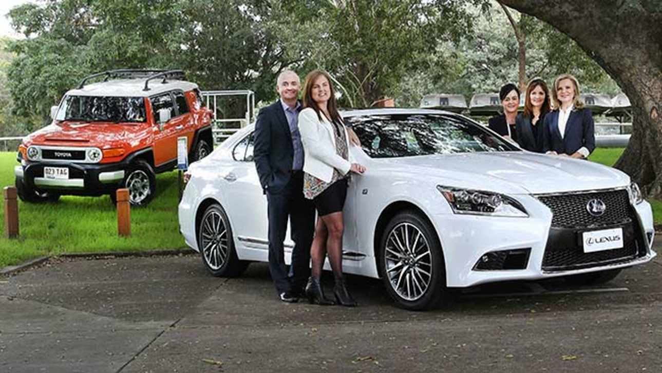 Andrew Scifleet, Sarah Andersson and Allison, Jane and Kathryn Scifleet pictured with new Lexus LS and Toyota 4WD.