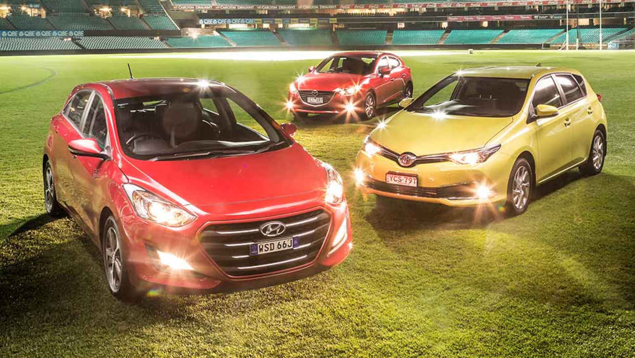 Mazda 3 vs Toyota Corolla vs vs Hyundai i30 2015 review CarsGuide