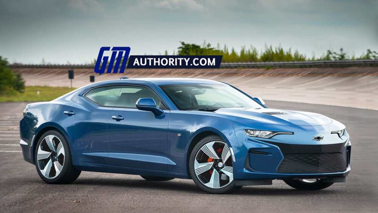 An artist’s impression of what a Camaro-style, all-electric sports sedan could look like. (Image credit: GM Authority)