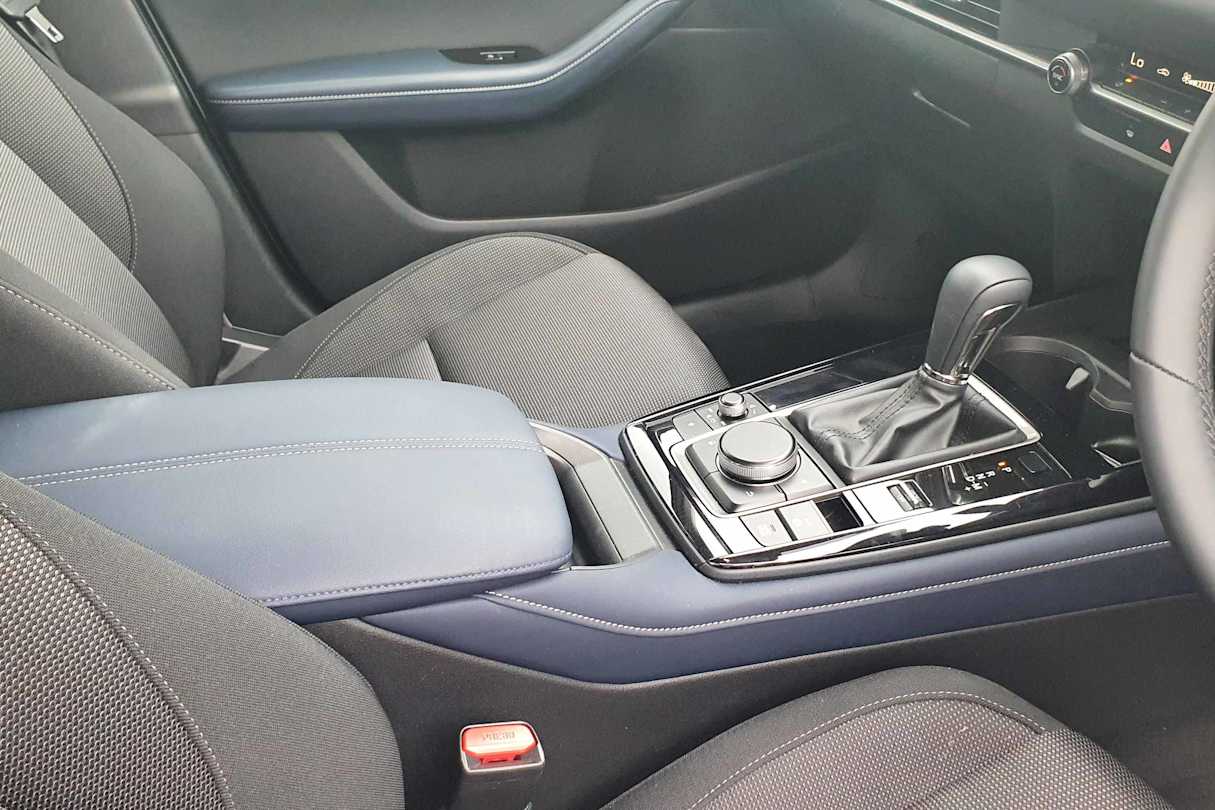 There are blue leather touches throughout the cabin, which is standard on the CX-30.