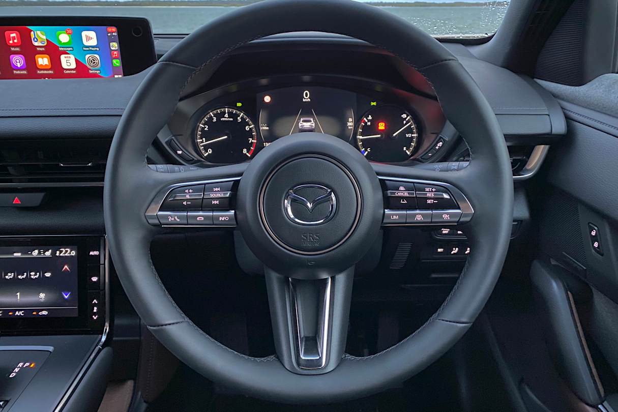 The steering wheel feels big in the MX-30, yet it feels right for its purpose.