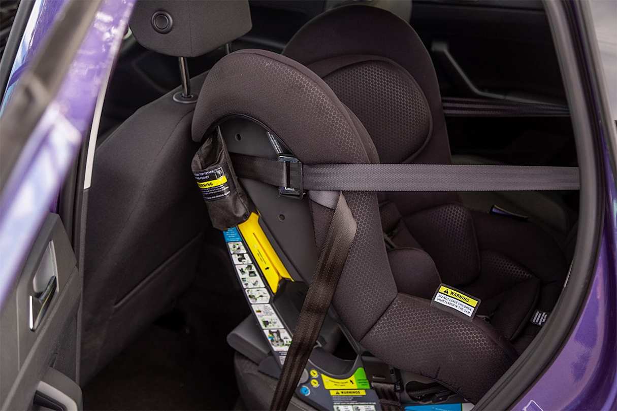 This has outboard ISOFIX mounts and three top tether child seat mounts but you’ll only be fitting two car seats. (Image: Brett Sullivan)