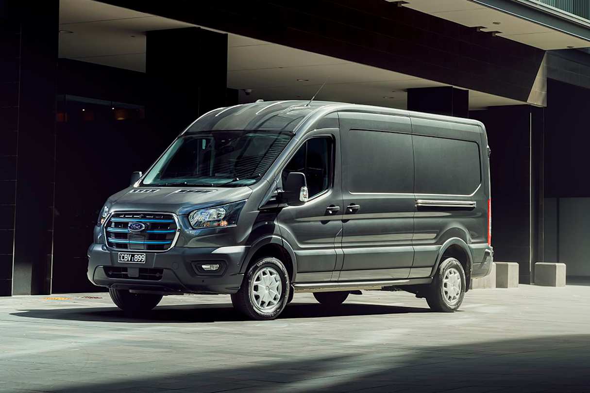 The E-Transit's only styling difference compared to the diesel model are three, horizontal, blue grille strips and badging.