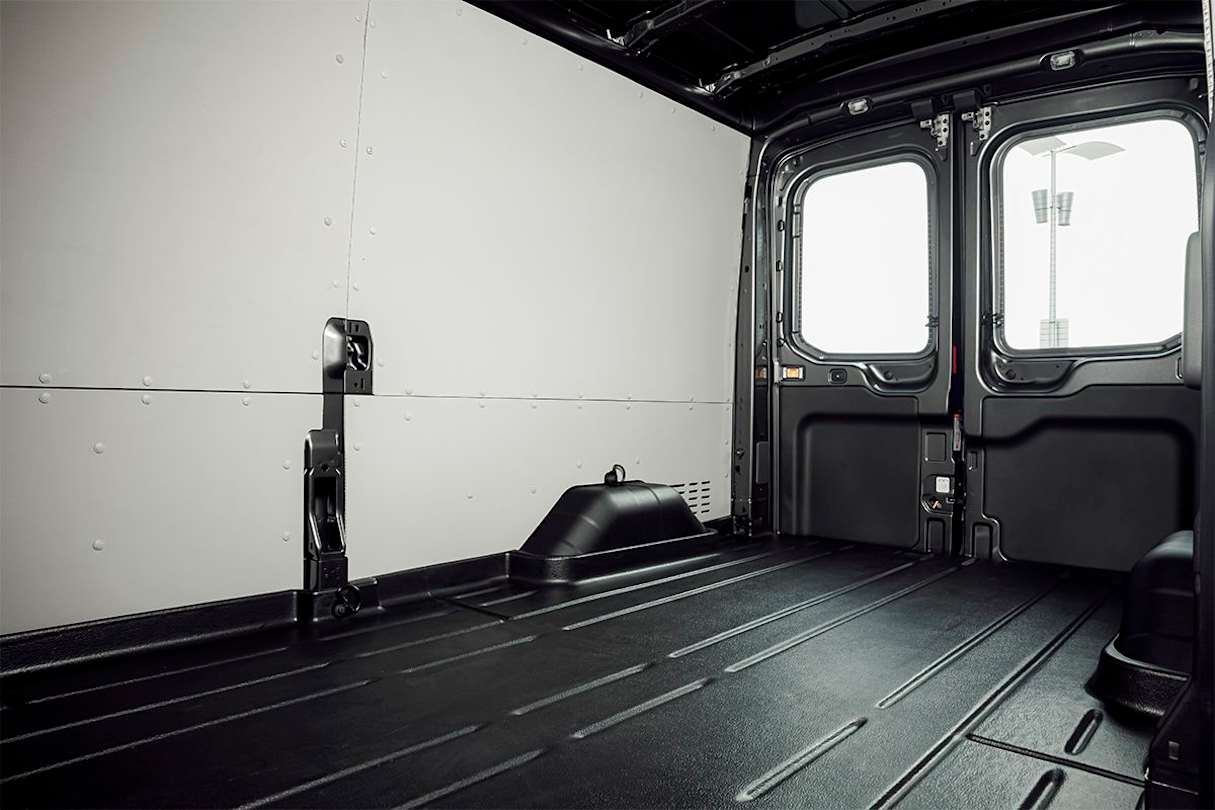 The E-Transit has 11-12.4 cubic-metres of space.