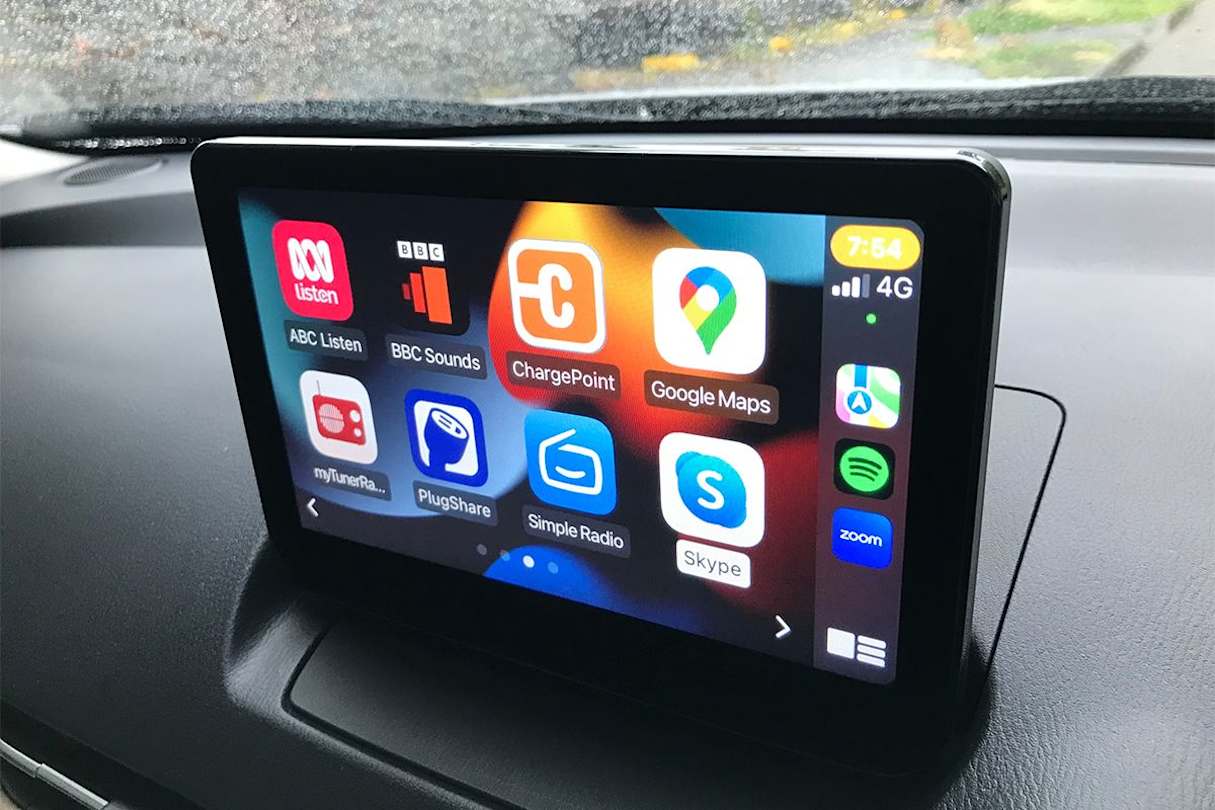 The multimedia screen can only be accessed by a rotary dial in the front centre console once the car is mobile (it works as a touchscreen when you’re stationary).