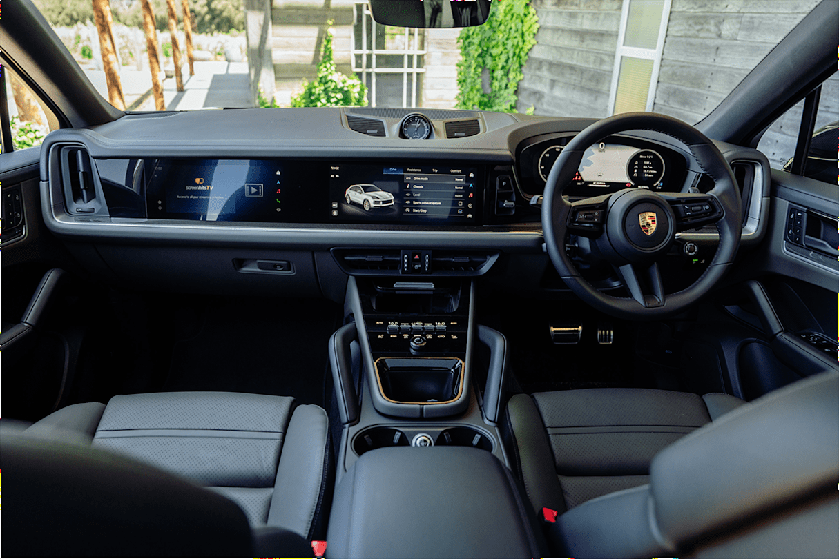 All Cayennes are equipped with partial leather interior in black and a new 12.6-inch digital instrument display. (Base grade pictured)