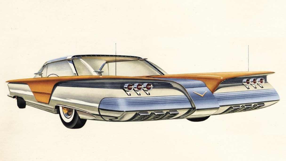 The circa 1958 Kaiser Del Mar concept. So much chrome.