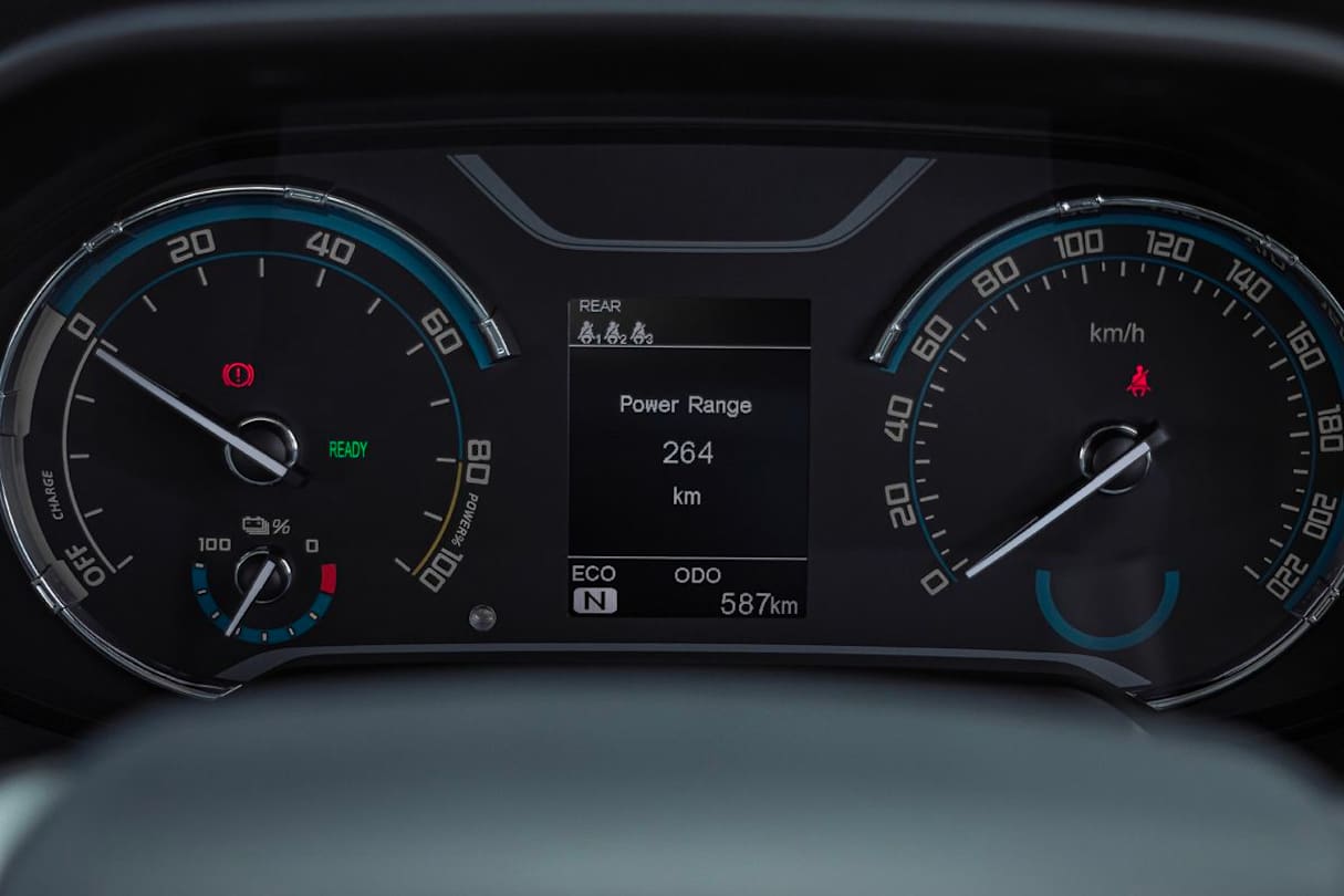 The analogue dash cluster looks a bit old-school for an EV. 