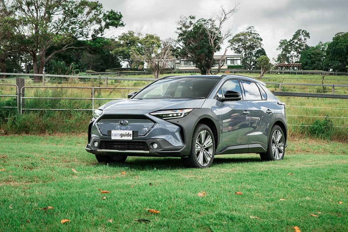 Subaru has left its mark on the Solterra’s final design, with a unique face with a black contrast frame to relate it to the rest of the Subaru family, and a more rugged looking lower clip with fog lights and a silver garnish like you’d also see on a Forester or an Outback. (Image: Tom White)