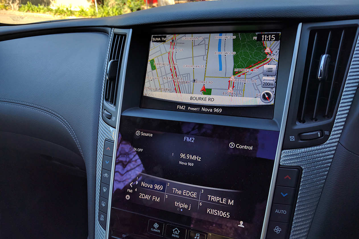 A dedicated sat nav touchscreen sits above the multimedia screen below in the Q60 Red Sport.