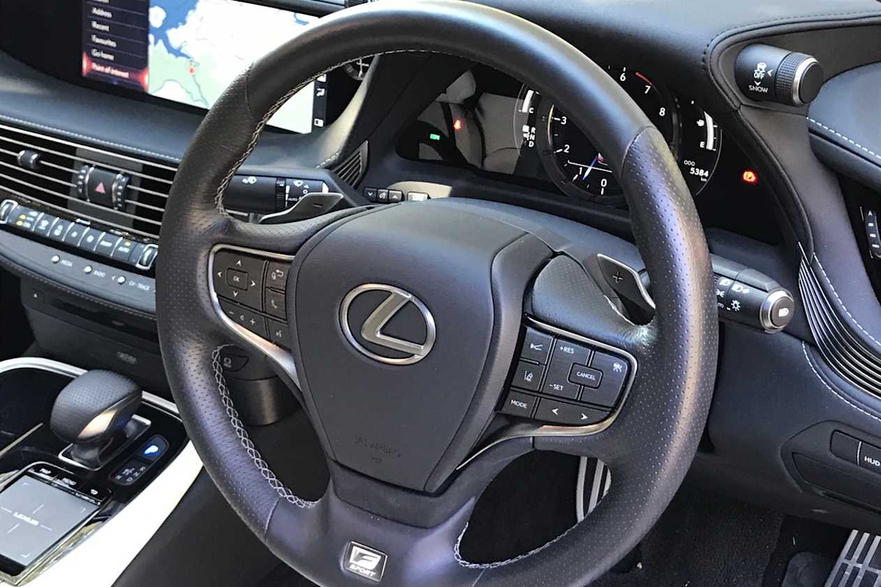 The F-Sport comes with a heated, perforated-leather steering wheel.