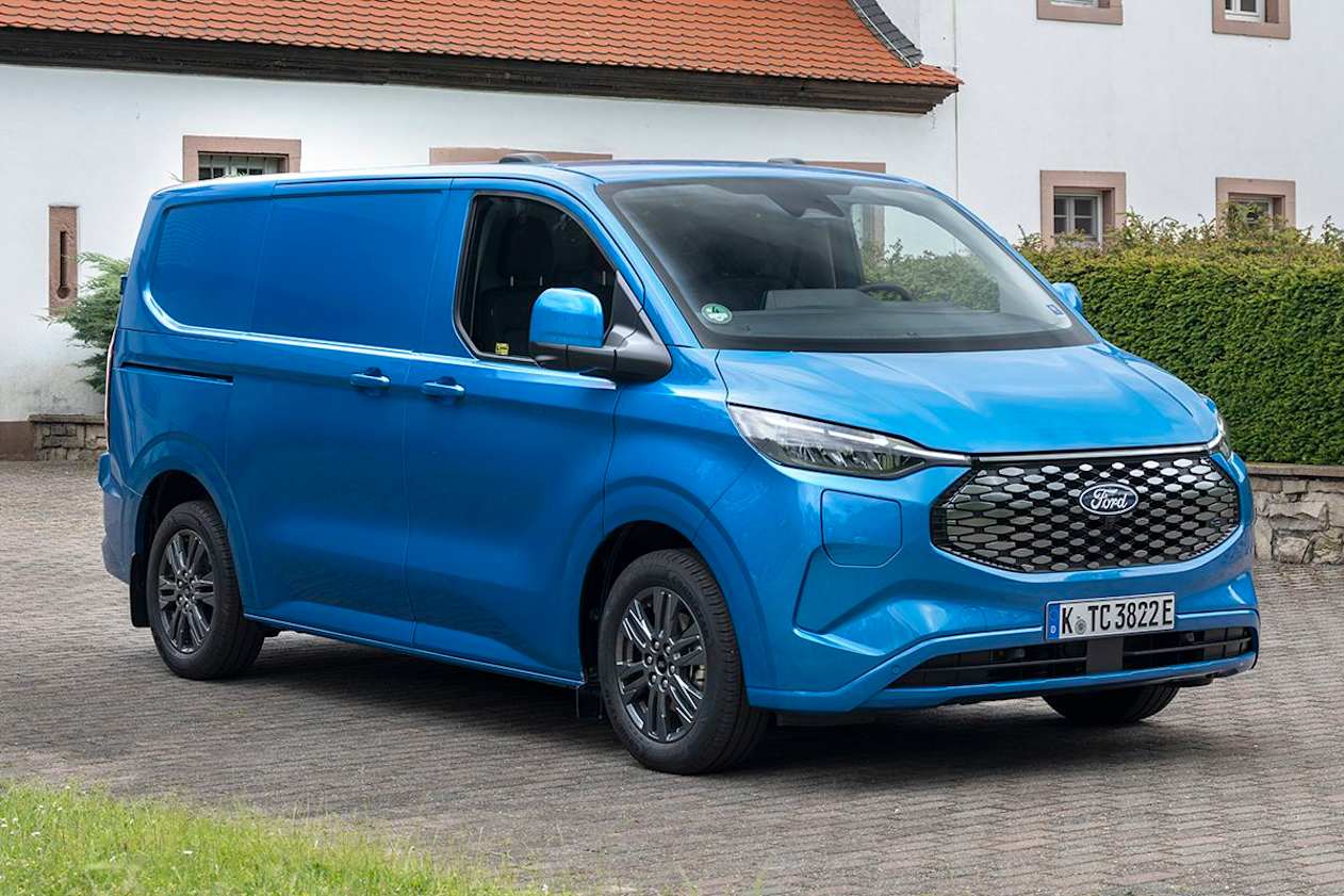 Changes to the grille and various aero aids differentiate the E-Transit Custom from diesel versions.