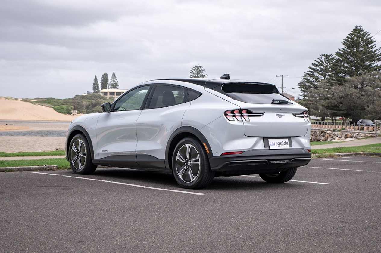 The Mach-E features curvy lines off-set with the square three-bar lights at the rear. (Image: Tom White)