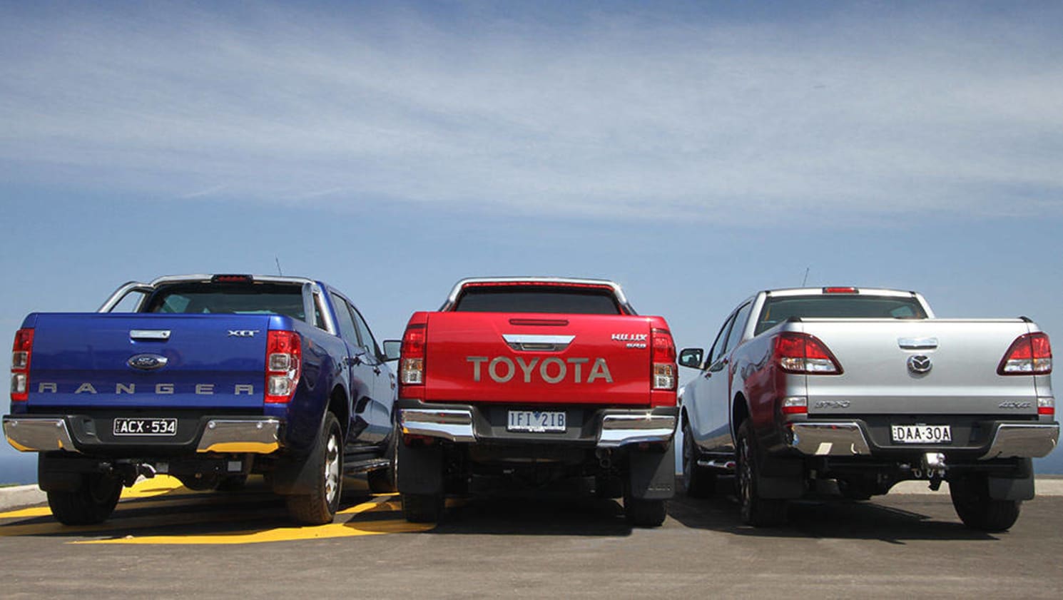 2015 Toyota HiLux, Ford Ranger and Mazda BT-50. Photo credit: Joshua Dowling