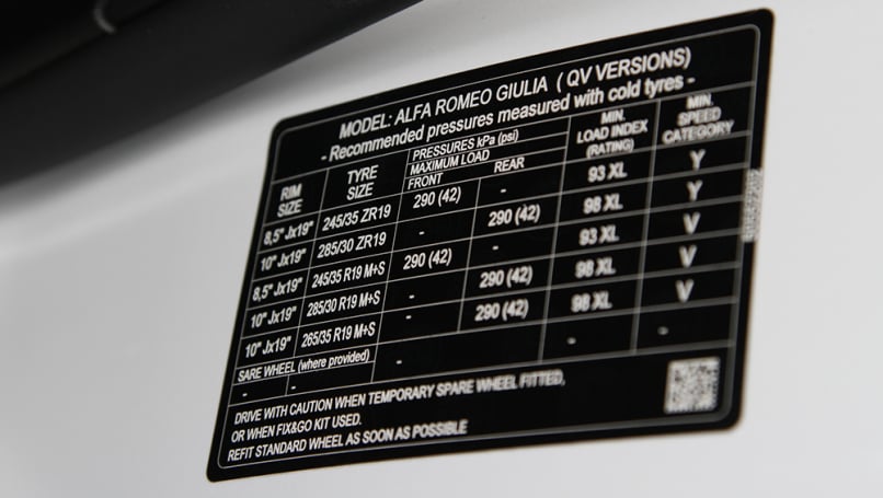 2017 Alfa Romeo Giulia QV sedan recommended tyre pressure 1001x565