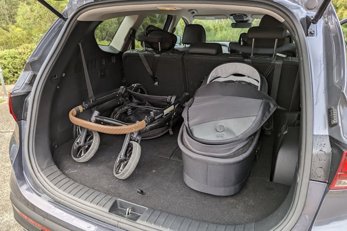 In the boot, with the third-row seats folded down, the full-size pram fits in with some room to spare. (Image: Tung Nguyen)