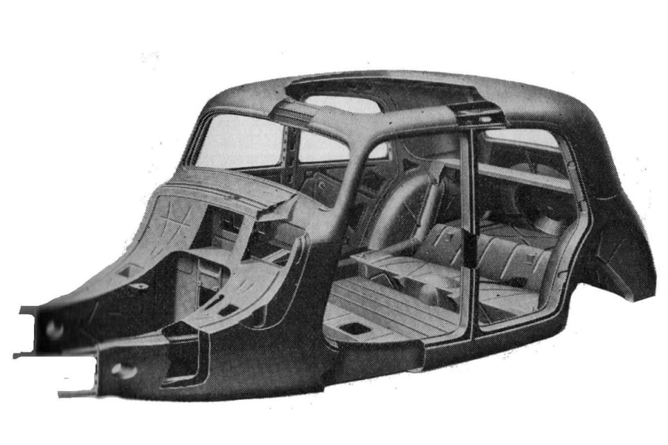 The unibody for the passenger cell of the 1934 Citroen Traction Avant. The Traction Avant (which translated literally, means ‘forward traction’) was the first production unibody vehicle and notably also the first to feature front-wheel-drive. (image credit: Carbody Design)