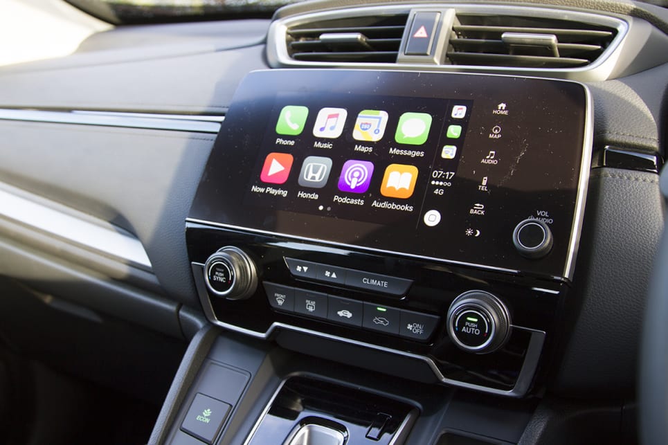 The crystal-clear touchscreen can run Apple CarPlay and Android Auto.