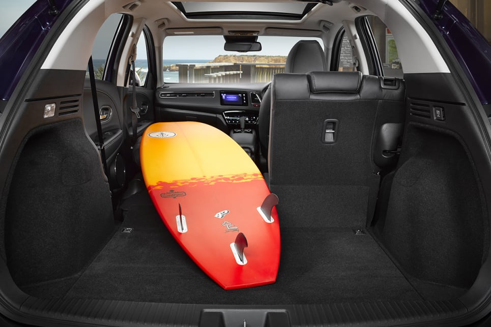 There is 437 litres of boot space available in the HR-V which grows to 1462 litres with the seats down.