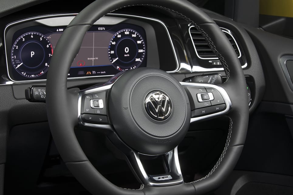 The 110TSI comes with a leather-trimmed steering wheel. (Volkswagen Golf 110TSI Highline with R-Line package shown)