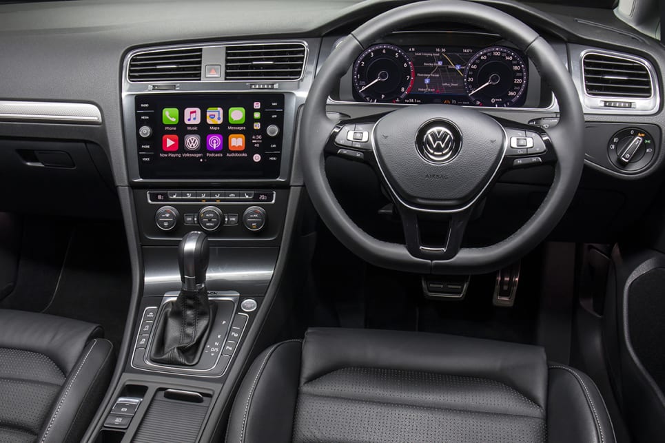 Standard kit includes dual-zone climate control air, keyless entry and start, leather-trimmed steering wheel and new 8.0-inch multimedia screen. (Volkswagen Golf Alltrack shown)