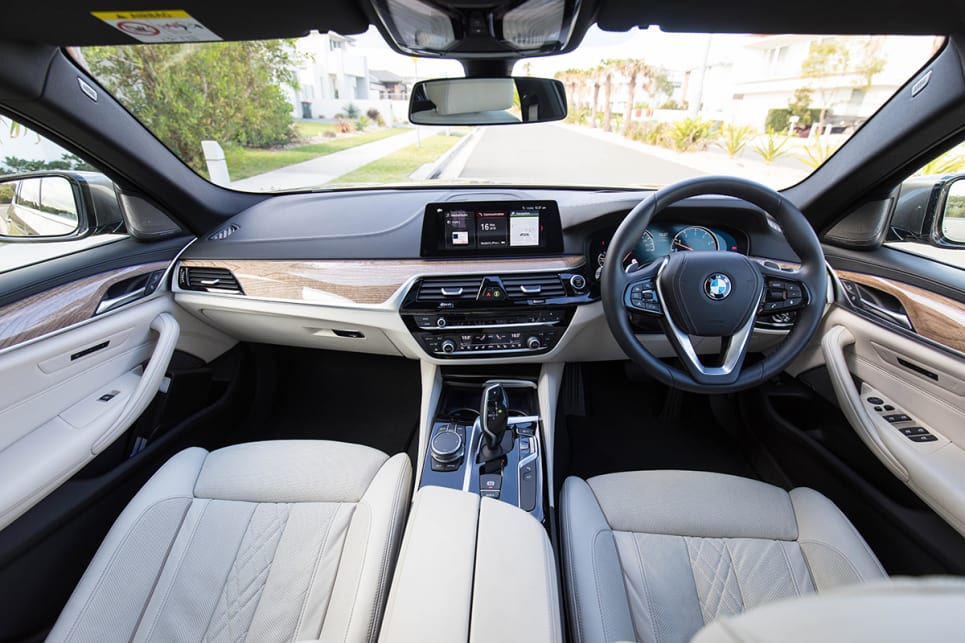 The 530i Touring has a leather steering wheel and the option of a panoramic sunroof which will set you back an extra $3100. (image credit: Dean McCartney)