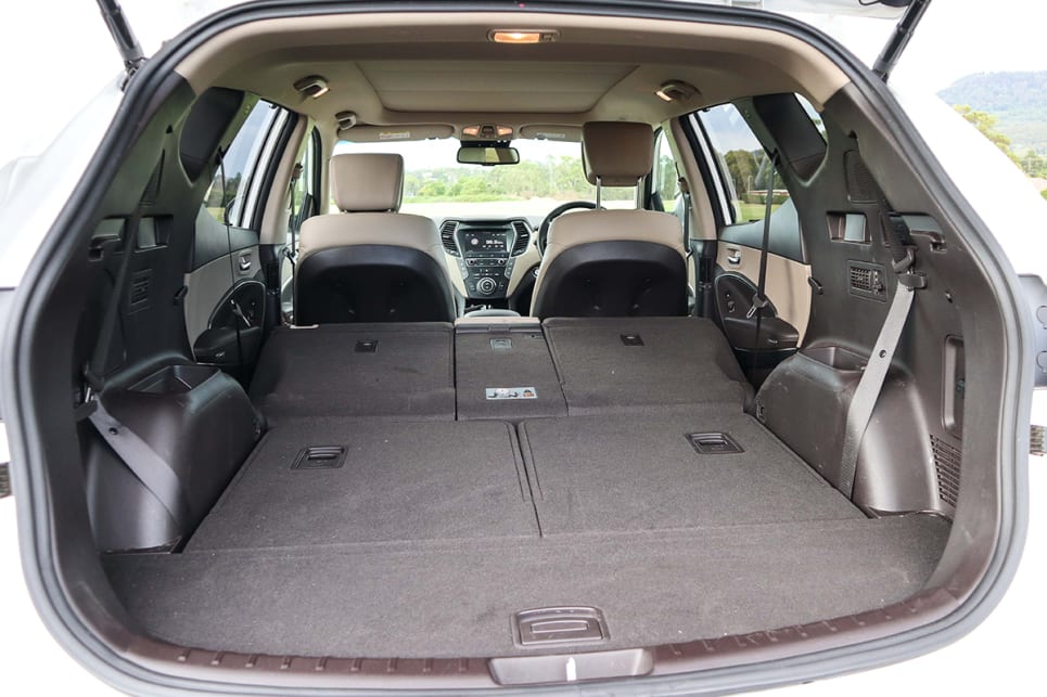 The Santa Fe has 1615 litres of boot space with the seats down. (2018 Hyundai Santa Fe Highlander model shown)