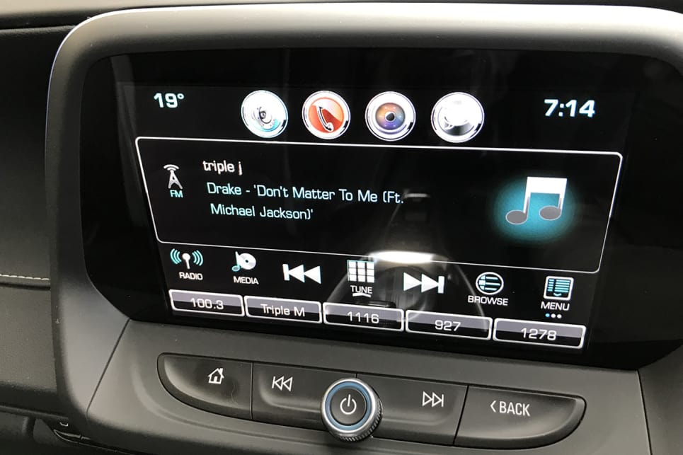 Chevy’s ‘3 Plus’ multimedia system with 8.0-inch colour touchscreen has Bluetooth audio streaming (for two devices), wireless phone charging, plus Apple CarPlay and Android Auto capability.